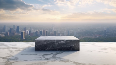 Marble podium with cityscape background. 3d render illustration.の素材