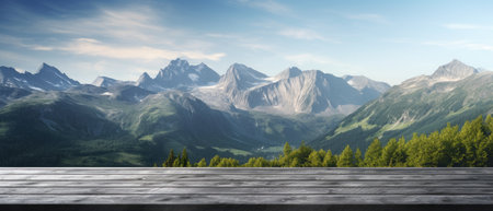 Wooden table top against view of alpine landscape with snow mountainの素材