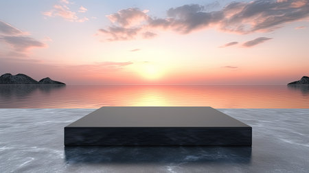 3d render of a black podium in the sea with a beautiful sunsetの素材
