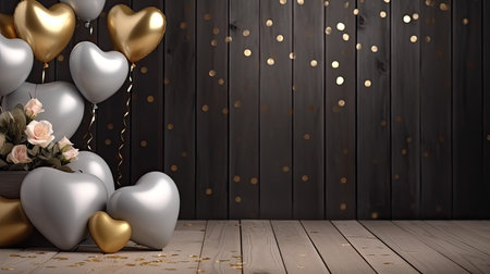 Empty grey wood and birthday decoration and Flower Love , with golden love balloons background. copy space, banner template background.の素材