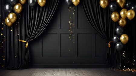 Empty black window curtains with birthday decoration with love balloon background. For product display.の素材