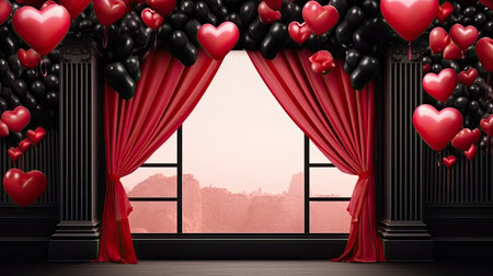 Empty black window curtains with birthday decoration with love balloon background. For product display.の素材