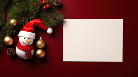 Christmas card with snowman and christmas decorations on red background.の素材