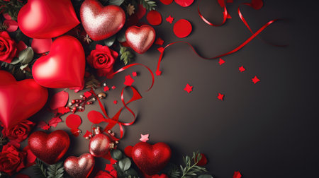 flat lay valentine's day decoration with 3d love bakcground. copy space, banner.の素材