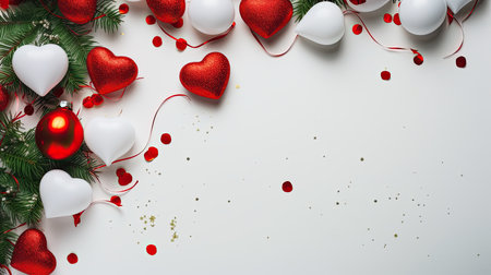 Valentine's day background with red and white hearts and fir branches on white backgroundの素材