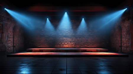 Dark empty brick wall with stage floor and studio room with smoke float up and neon light, spotlights.の素材
