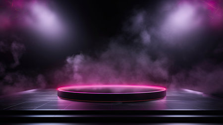 Dark empty brick wall with stage floor and studio room with smoke float up and neon light, spotlights.の素材
