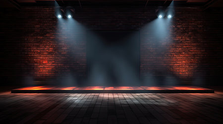 Dark empty brick wall with stage floor and studio room with smoke float up and neon light, spotlights.の素材