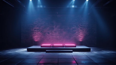 Dark empty brick wall with stage floor and studio room with smoke float up and neon light, spotlights.の素材