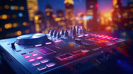 Dj mixer with colorful lights and cityscape at night, 3d renderingの素材