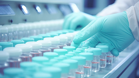 scientist working with test tubes in the laboratory, closeup of handsの素材