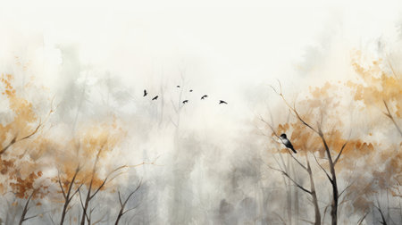 Digital painting of birds sitting on the branches in the foggy forestの素材