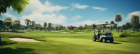 Golf cart on green field with blue sky background. 3d renderingの素材