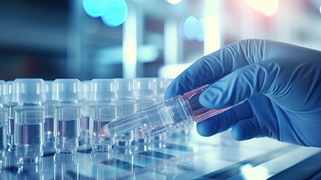 Scientist hand holding test tube with blood sample. 3d renderingの素材