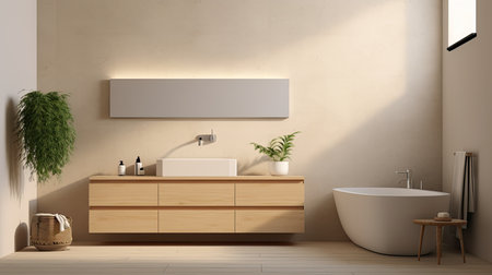 Bathroom interior with bathtub, sink and wooden cabinet. 3d renderingの素材