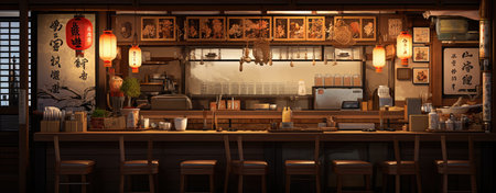 Illustration of a coffee shop interior with a bar counter and wooden tablesの素材