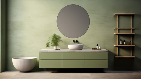 Interior of modern bathroom with green walls, concrete floor, double sink and round mirror. 3d renderingの素材