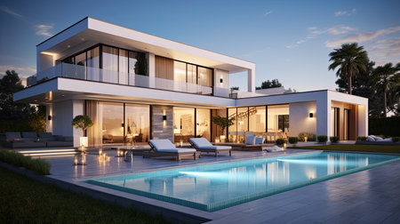 3d rendering of modern cozy house with pool and parking for sale or rent in luxurious style by the sea or ocean at sunset. Clear summer evening with soft light from window.の素材
