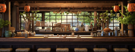 3D rendering of a Japanese restaurant with a view of the gardenの素材