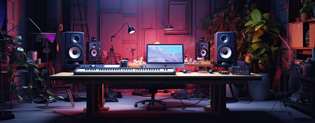 3d render of sound recording studio with professional equipment and plants.の素材