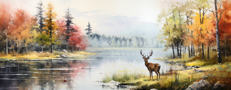Digital painting of a deer on the bank of a lake in autumnの素材