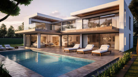 apartment, residential, landscape, lifestyle, luxury, modern, nature, outdoor, relax, sky, home, style, swimming pool, terrace, view, villa, wall, wooden, house, property, buildingの素材