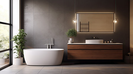 Interior of modern bathroom with dark brown walls, tiled floor, comfortable white bathtub and round mirror. 3d renderingの素材