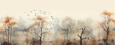 Foggy autumn landscape with a flock of birds in the foregroundの素材