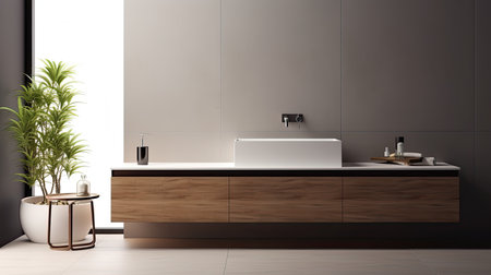 Interior of modern bathroom with gray walls, tiled floor, comfortable white bathtub and double sink standing on wooden countertop. 3d renderingの素材