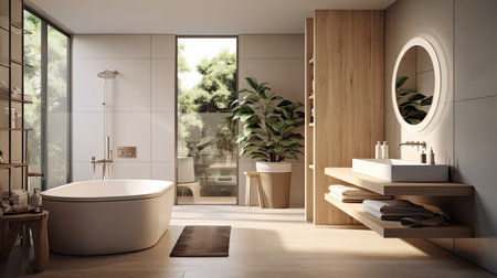 Interior of modern bathroom with white and wooden walls, tiled floor, comfortable bathtub and round mirror. 3d renderingの素材