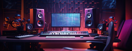 3d rendering of a sound studio with professional equipment and computer monitorsの素材