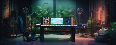 3D rendering of a home studio with a lot of plants.の素材