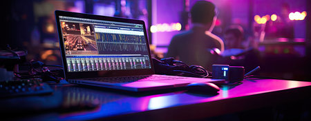 Professional gamer playing online video games on a laptop in a nightclub.の素材