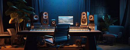 Interior of a modern music studio with speakers and computer. 3D renderingの素材