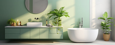 Interior of modern bathroom with green walls, concrete floor, white bathtub, round mirror and green sink. 3d renderingの素材