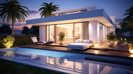 3d rendering of modern cozy house with pool and parking for sale or rent in luxurious style. Sunset evening with soft light from window.の素材