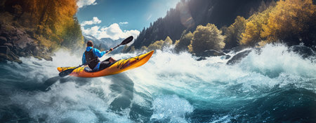 Man kayaking on the mountain river. Panoramic banner.の素材