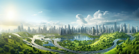Panoramic view of the city and the road. 3d renderの素材