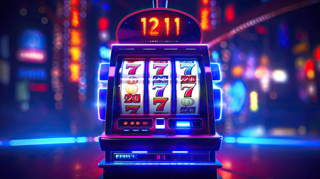 Slot machine wins the jackpot. Casino background. 3d illustrationの素材