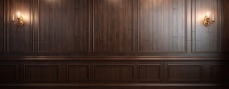 Elegant brown wood paneling with lighting. 3D renderingの素材