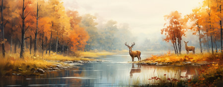 Digital painting of a red deer stag walking by a lake in autumn forestの素材
