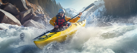 Panoramic shot of a man kayaking in the mountain riverの素材