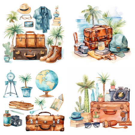Vintage travel elements set. Watercolor hand drawn illustrations isolated on white backgroundの素材