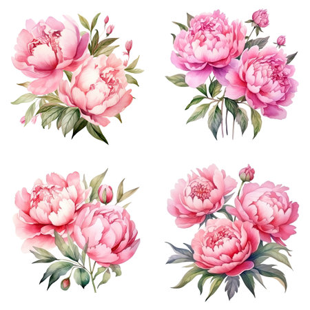 Set of watercolor peony flowers. Hand drawn vector illustration.の素材