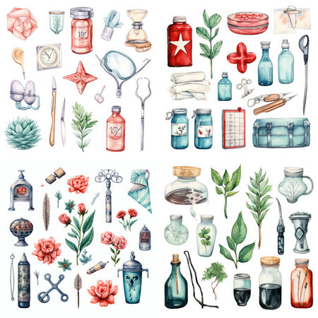 Hand drawn set of vintage medicine and health care objects. Vector illustration.の素材