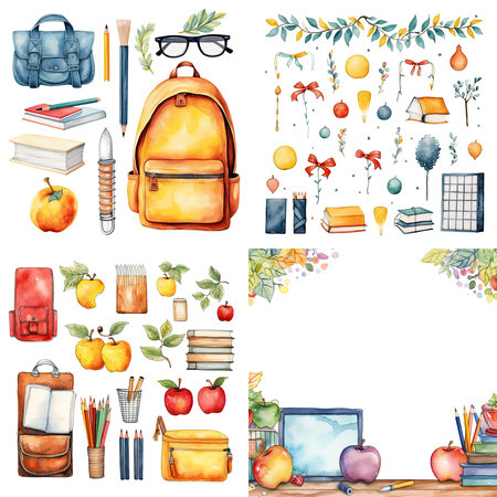 Watercolor set of school supplies. Back to school. Vector illustrationの素材