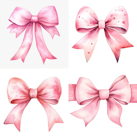 Set of pink bows. Watercolor illustration isolated on white background.の素材