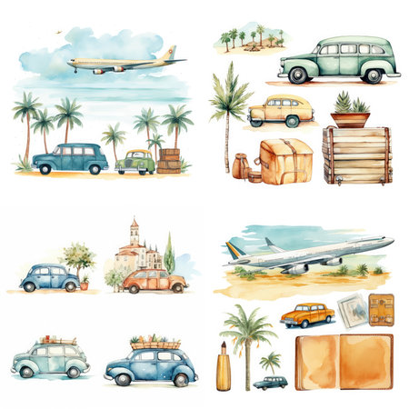 Vintage travel set. Hand drawn vector illustration isolated on white backgroundの素材