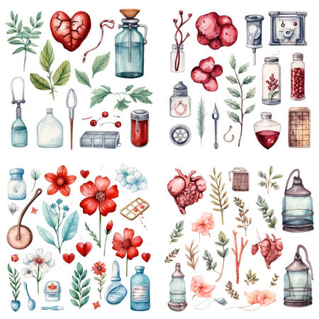 Set of hand drawn watercolor vintage medicinal herbs and bottles. Vector illustration.の素材