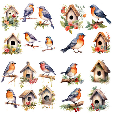 Watercolor set of birds in birdhouses. Hand drawn illustration isolated on white backgroundの素材